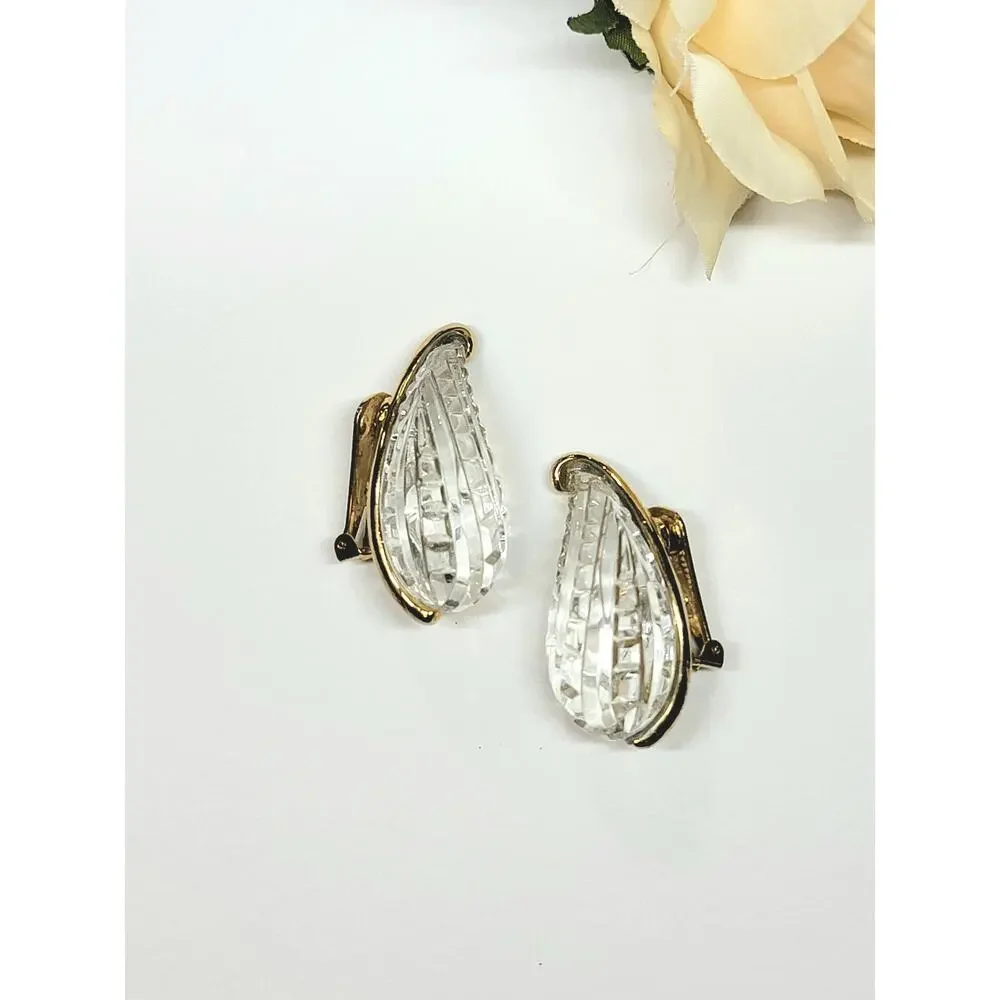 VTG Kenneth Jay Lane KJL Gold Clear Crystal Teardrop Clip On Earrings Statement - Picture 7 of 7